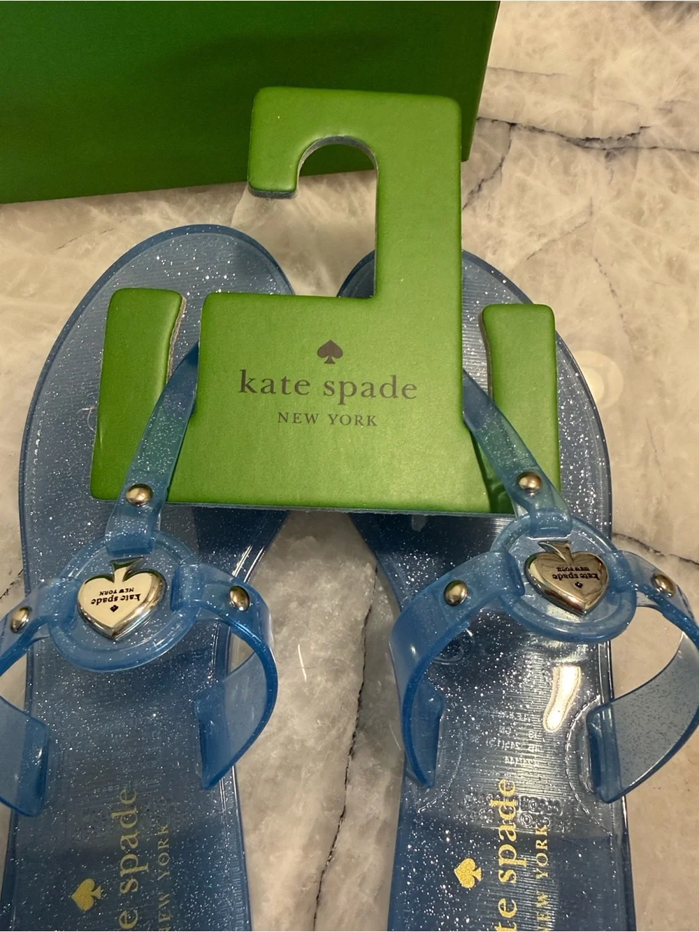 kate spade Kendall jelly t-strap  Light Blue Sandals with Heart Charm NWT